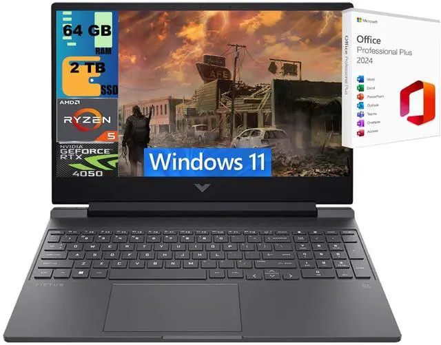 Main image of HP Victus 15 Gaming Laptop, 15.6" FHD 144Hz, AMD Ryzen 5 8645HS 6 Cores Processor, NVIDIA GeForce RTX 4050 6GB GDDR6, 64GB DDR5 2 TB PCIe SSD, Backlit KB, Windows 11 ,Office 2024 License