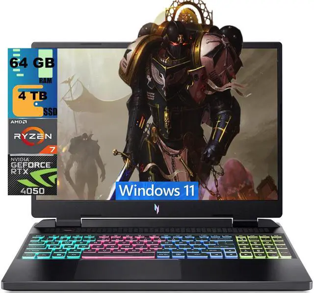 Main image of Acer Nitro 16 Gaming Laptop, 16" WUXGA 165Hz, AMD Ryzen 7 7840HS Octa-Core Processor, NVIDIA GeForce RTX 4050 6 GB, 64GB DDR5 4 TB PCIe SSD, RGB Backlit KB, Windows 11