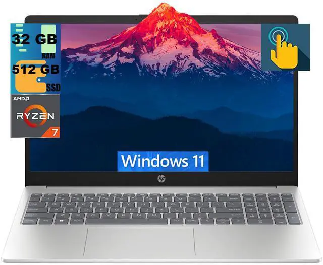 Main image of HP 15 Laptop, 15.6" FHD (1920 x 1080) Touchscreen, AMD Ryzen 7 7730U 8 cores Processor, AMD Radeon Graphics, 32GB DDR4 512GB PCIe SSD, Wi-Fi 6 & Bluetooth, Windows 11