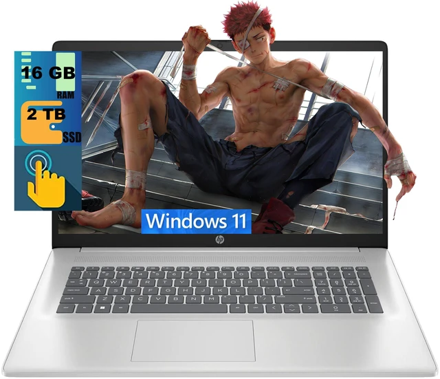 Main image of HP 17 Laptop, 17.3" HD+ (1600x900) Touchscreen, Intel Ultra 7-255U 12-Cores Processor, Intel Graphics, 16GB DDR5 2TB PCIe SSD, Fingerprint Reader, WiFi 6, Webcam, Windows 11