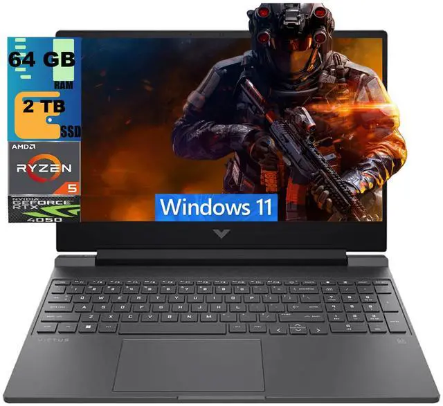 Main image of HP Victus 15 Gaming Laptop, 15.6" FHD 144Hz, AMD Ryzen 5 8645HS 6 Cores Processor, NVIDIA GeForce RTX 4050 6GB GDDR6 Graphics, 64GB DDR5 2 TB PCIe SSD, Backlit KB, Windows 11