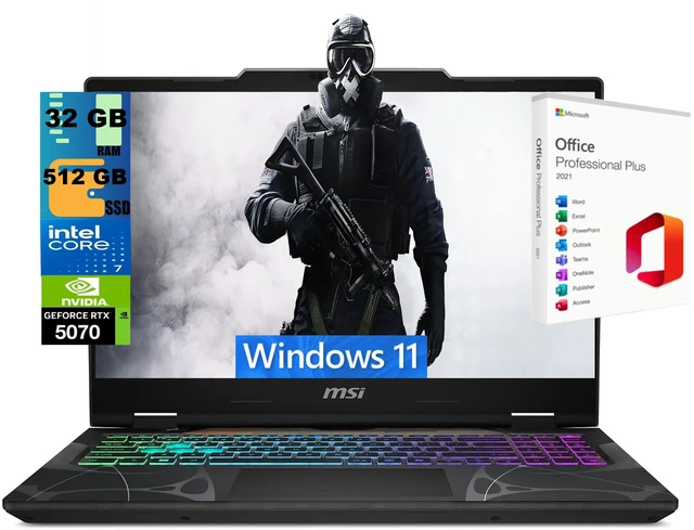 Main image of MSI Cyborg 15 Gaming Laptop, 15.6" FHD 144Hz, Intel 10-core 7 240H Processor, NVIDIA GeForce RTX 5070 8GB GDDR7, 32GB DDR5 512GB PCIe SSD, 4-Zone RGB Backlit, Windows 11, Office 2021 License