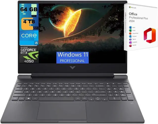 Main image of HP Victus 15 Laptop, 15.6" FHD 144Hz, Intel Core i5-12500H 12 Cores Processor, NVIDIA GeForce RTX 4050 GPU 6 GB, 64GB DDR5  4TB PCIe SSD, Backlit Keyboard, Wi-Fi 6, Windows 11 Pro ,Office 2024 License