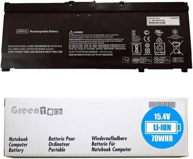 Main image of GreenTech SR04XL Replacement Battery for HP Omen 15-CE, Omen 15-DC, Zbook 15v G5, Pavilion Power Laptop 15-CB - GreenTech 15.4V 70Whr 4 Cell Battery 917724-855