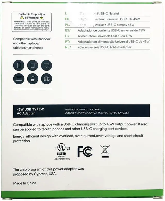 Alt view image 3 of 3 - REPLACEMENT 45W USB-C ADAPTER FOR 00HM633, 00HM642, 00HM651, 00HM663, 00HM664, 1HE07UT#ABA, 1MZ01AA#ABA, 2CR08, 492-BBUU, 492-BBWZ, 4X20E75131, 4X20E75132, 4X20E75135