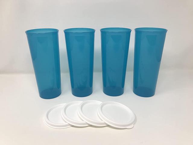 Tupperware Straight Sided Tumblers Cups with Lids 16 Ounce - Blue Color