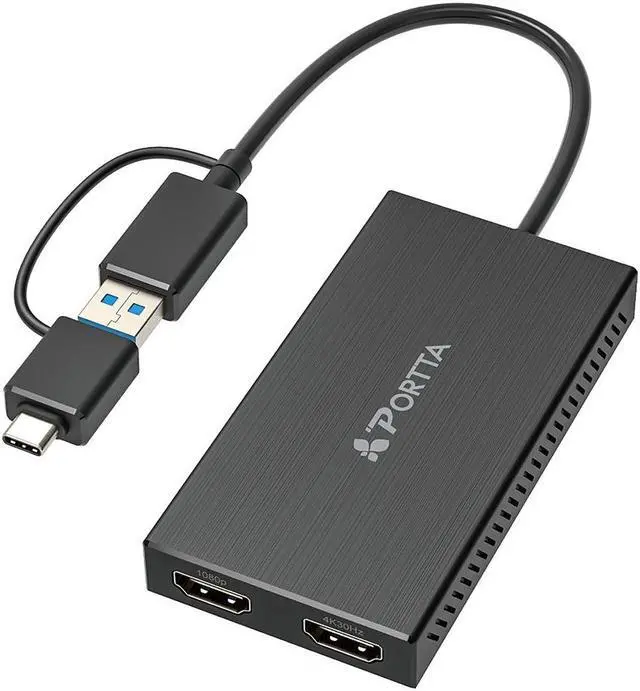 Main image of PORTTA USB to Dual HDMI Adapter, USB A/C to 2x HDMI Displays (1x 4K30Hz, 1x 1080p), Integrated USB-A to C Dongle, 4in/11cm Cable, USB 3.0 to HDMI Display Adapter, Windows & macOS