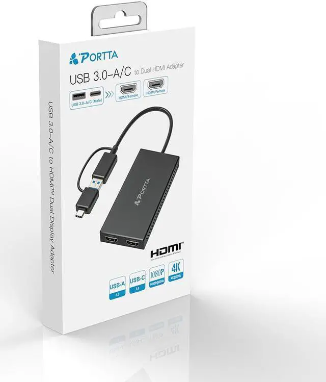 Alt view image 2 of 7 - PORTTA USB to Dual HDMI Adapter, USB A/C to 2x HDMI Displays (1x 4K30Hz, 1x 1080p), Integrated USB-A to C Dongle, 4in/11cm Cable, USB 3.0 to HDMI Display Adapter, Windows & macOS