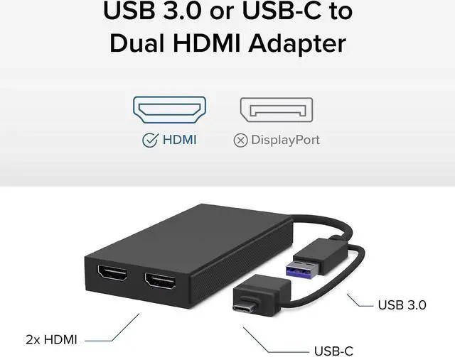 Alt view image 3 of 7 - PORTTA USB to Dual HDMI Adapter, USB A/C to 2x HDMI Displays (1x 4K30Hz, 1x 1080p), Integrated USB-A to C Dongle, 4in/11cm Cable, USB 3.0 to HDMI Display Adapter, Windows & macOS