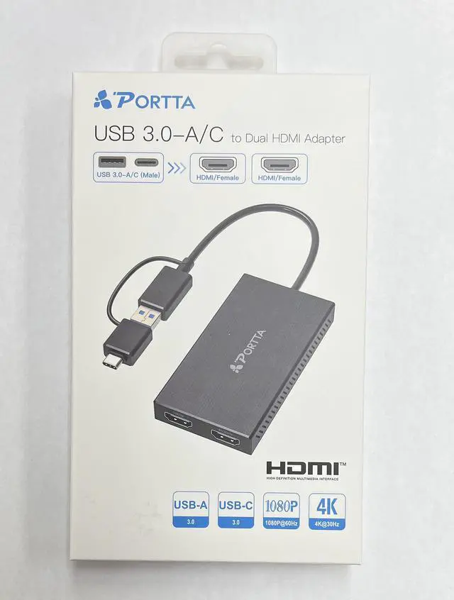 Alt view image 6 of 7 - PORTTA USB to Dual HDMI Adapter, USB A/C to 2x HDMI Displays (1x 4K30Hz, 1x 1080p), Integrated USB-A to C Dongle, 4in/11cm Cable, USB 3.0 to HDMI Display Adapter, Windows & macOS