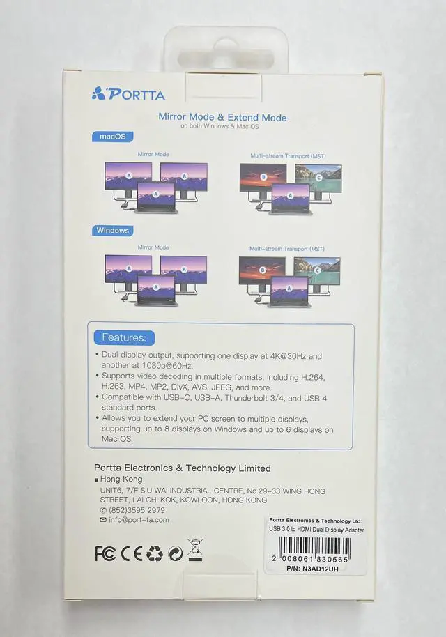Alt view image 7 of 7 - PORTTA USB to Dual HDMI Adapter, USB A/C to 2x HDMI Displays (1x 4K30Hz, 1x 1080p), Integrated USB-A to C Dongle, 4in/11cm Cable, USB 3.0 to HDMI Display Adapter, Windows & macOS