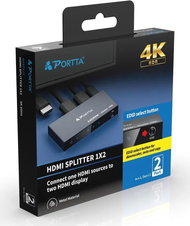 Alt view image 2 of 6 - PORTTA 4K HDMI 2-Port Video Splitter  1x2 HDMI Splitter w/ Solid Aluminum Housing  4K 60Hz