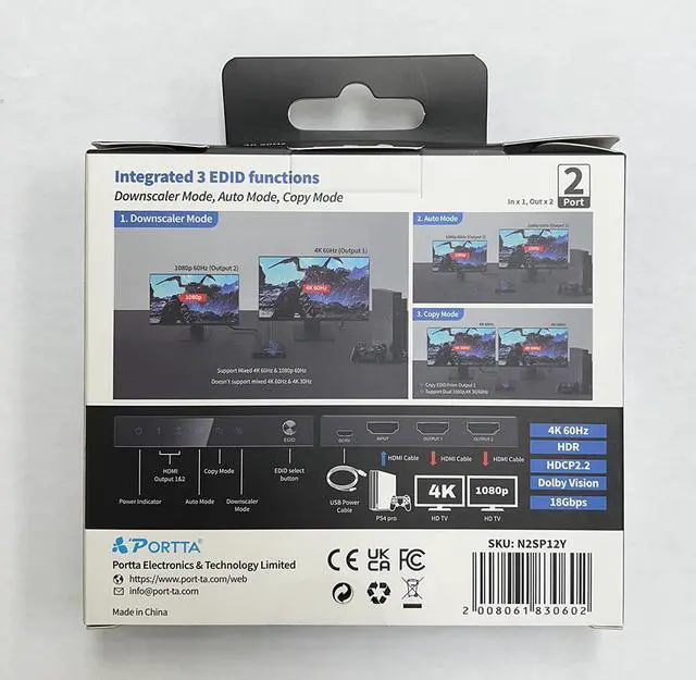 Alt view image 6 of 6 - PORTTA 4K HDMI 2-Port Video Splitter  1x2 HDMI Splitter w/ Solid Aluminum Housing  4K 60Hz