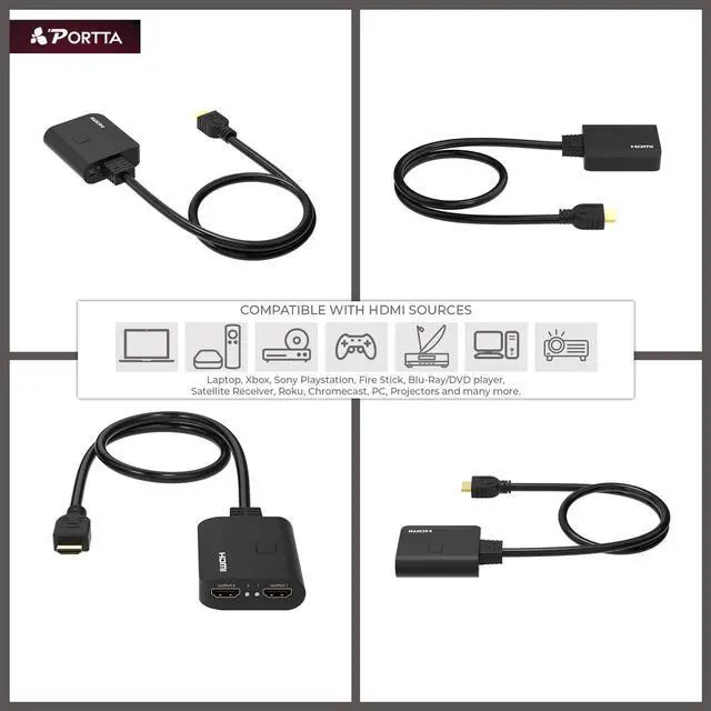 Alt view image 5 of 5 - PORTTA HDMI Splitter 1×2 Splitter Supports 4K@60Hz 4:4:4 HDMI Duplicator/Distributor UltaHD High-Resolution Down Scaler