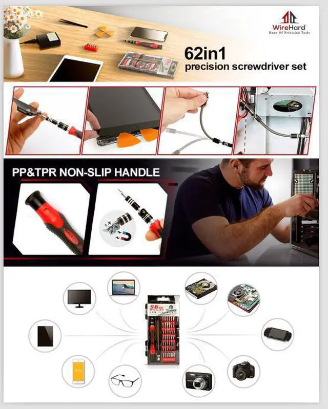 Alt view image 7 of 8 - WIREHARD 62 in 1 Precision Screwdriver Set Repair Tool Kit - Magnetic Steel Specialty Bits for All iPhone and Smartphone Models, MacBook, Desktop Laptop Computer, Xbox, PlayStation, Electronics, Toys