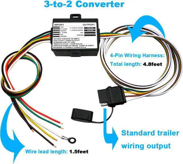 Alt view image 4 of 7 - CARROFIX Powered 3-to-2-Wire Trailer Taillight Converter with 60" Wiring Harness - LED Compatible Trailer Converter