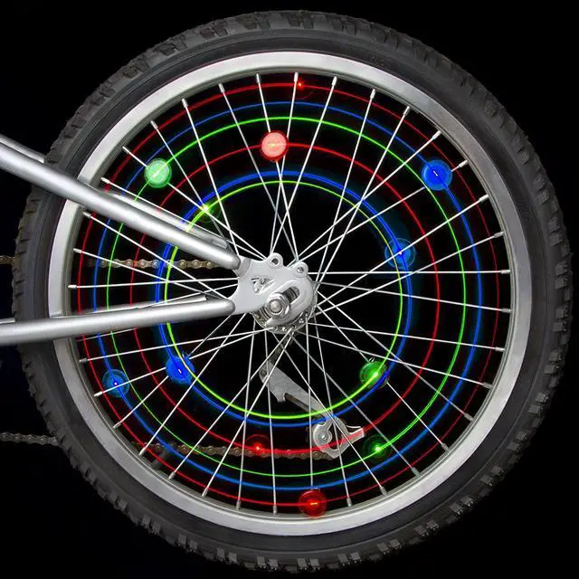 Alt view image 6 of 7 - Carrofix Bike Spoke Lights 9 Red Green and Blue Three Packs pack Waterproof Easy to Install Wheel Lights With Batteries Riding Gear Accessories