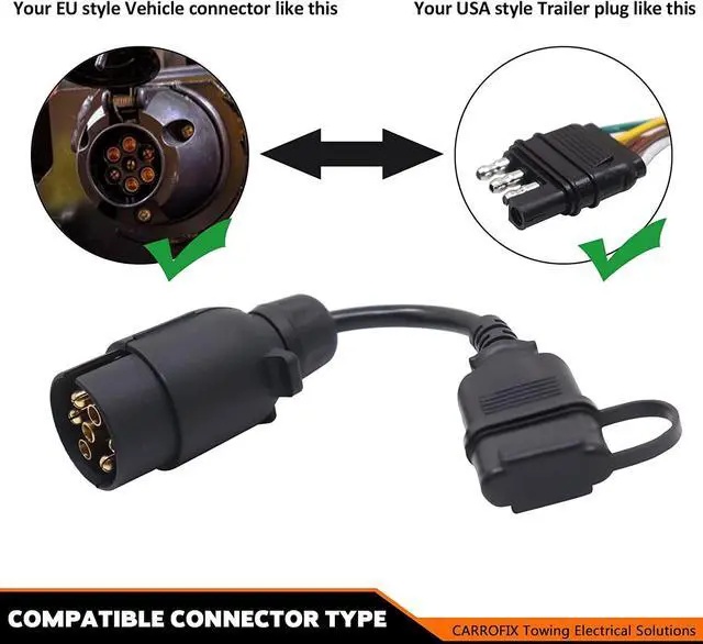 Alt view image 3 of 7 - CARROFIX European Style Vehicle-end 7 Way Round Pin Outlet to American Style Trailer 4 Way Flat Connector