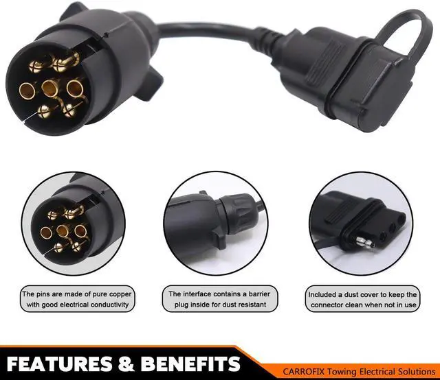 Alt view image 2 of 7 - CARROFIX European Style Vehicle-end 7 Way Round Pin Outlet to American Style Trailer 4 Way Flat Connector