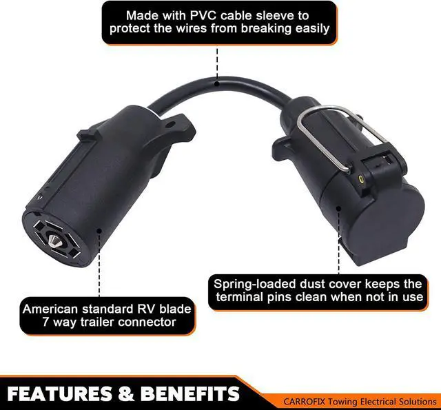 Alt view image 2 of 7 - CARROFIX American Style Vehicle-end 7 Way Blade Connector to European Style Trailer 7 Pin Round Plug