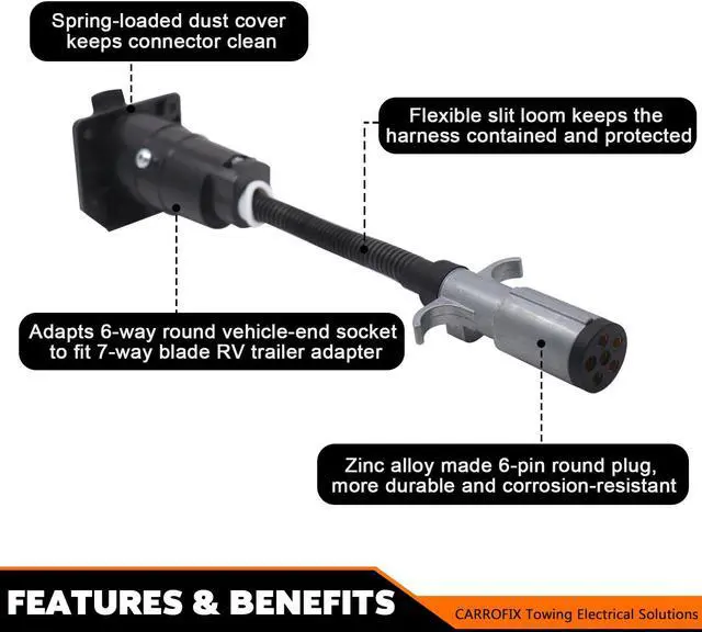 Alt view image 2 of 7 - CARROFIX Vehicle-Side 6-Way Round to 7-Way RV Blade Trailer Wiring Adapter, 6 Pole on Truck to 7 Blade on Trailer Connector, Flexible Wire Gives More Turning Radius