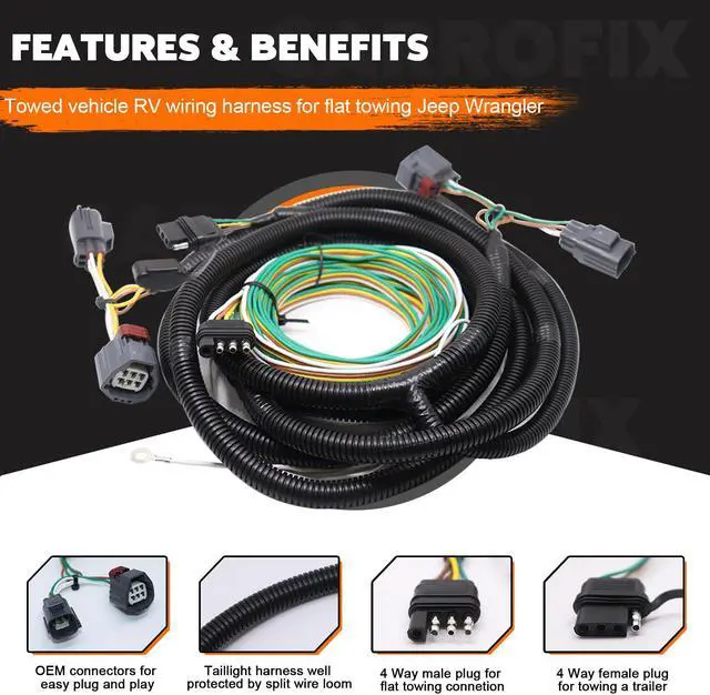 Alt view image 2 of 7 - CARROFIX Custom Fit Towed Vehicle RV Wiring Harness for Flat Towing 2007-2018 Jeep Wrangler JK - 58903 Taillight Wiring Harness Kit