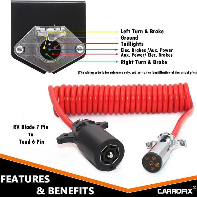 Alt view image 3 of 6 - CARROFIX Universal 7 Pin to 6 Pin Wire RV Towed Vehicle Wiring Kit 8FT Coiled Cord Cable Trailer Harness Wiring Connector