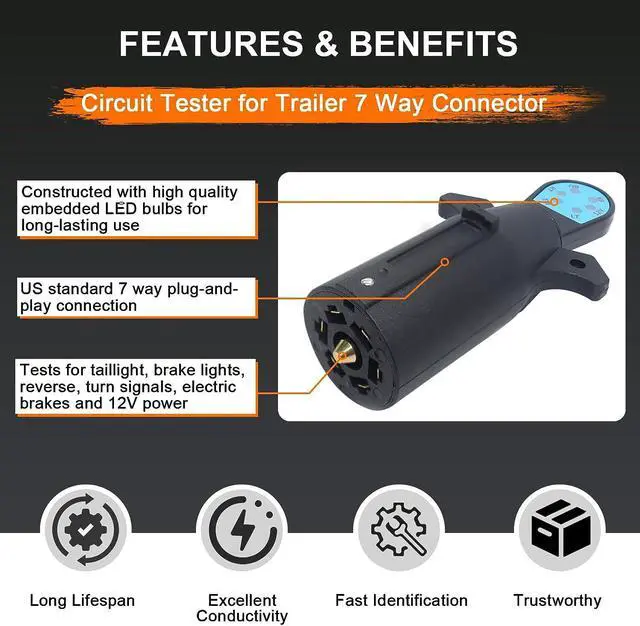 Alt view image 2 of 6 - CARROFIX Vehicle Side 7 Way Trailer Light Tester 7-Pin Blade RV Style Connector Tester LED Circuit Detector for Taillight, Turn Signal, Brake Light