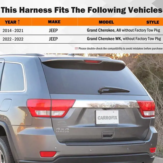 Alt view image 3 of 6 - CARROFIX Custom Fit Vehicle Taillight Wiring Harness with 4 Way Flat Trailer Connector for 2014 - 2022 Jeep, Grand Cherokee