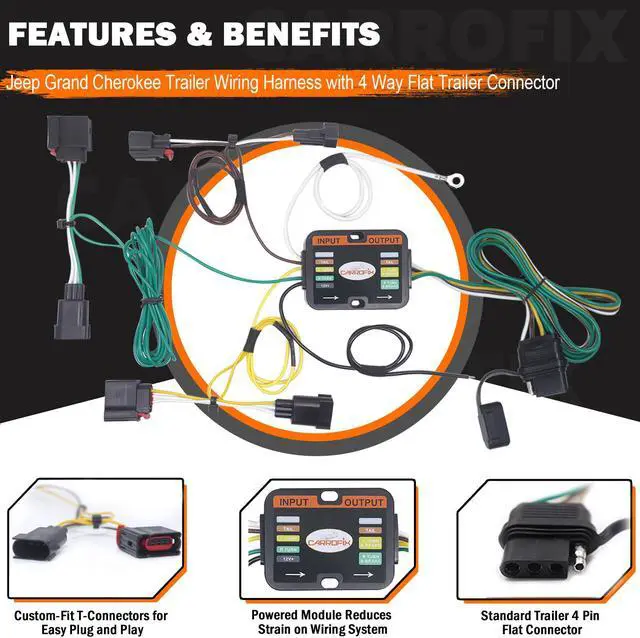 Alt view image 2 of 6 - CARROFIX Custom Fit Vehicle Taillight Wiring Harness with 4 Way Flat Trailer Connector for 2014 - 2022 Jeep, Grand Cherokee