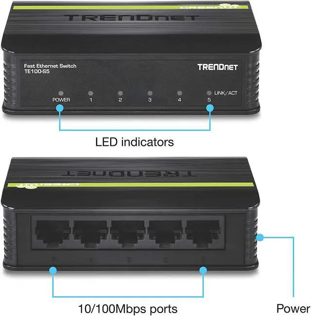 Alt view image 15 of 16 - TRENDnet 5-Port Unmanaged 10/100 Mbps GREENnet Ethernet Desktop Plastic Housing Switch, 5 X 10/100 Mbps Ports, 1Gbps Switching Capacity, TE100-S5