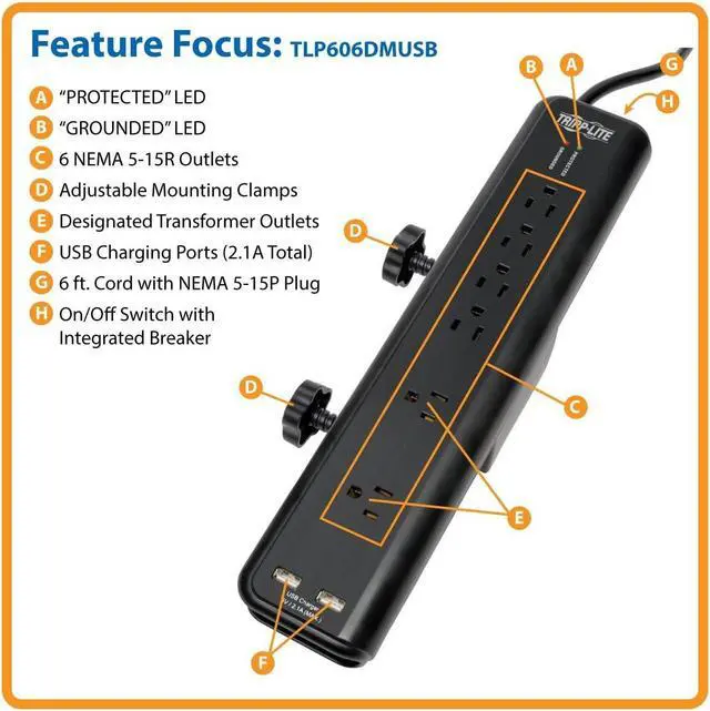 Alt view image 6 of 6 - Tripp Lite TLP606DMUSB Protect It! 6- Outlet Clamp-Mount Surge Protector, 6-ft. Cord, 2100 Joules, 2 USB Charging Ports (2.1A total)
