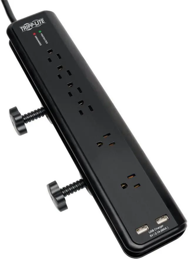 Alt view image 4 of 6 - Tripp Lite TLP606DMUSB Protect It! 6- Outlet Clamp-Mount Surge Protector, 6-ft. Cord, 2100 Joules, 2 USB Charging Ports (2.1A total)
