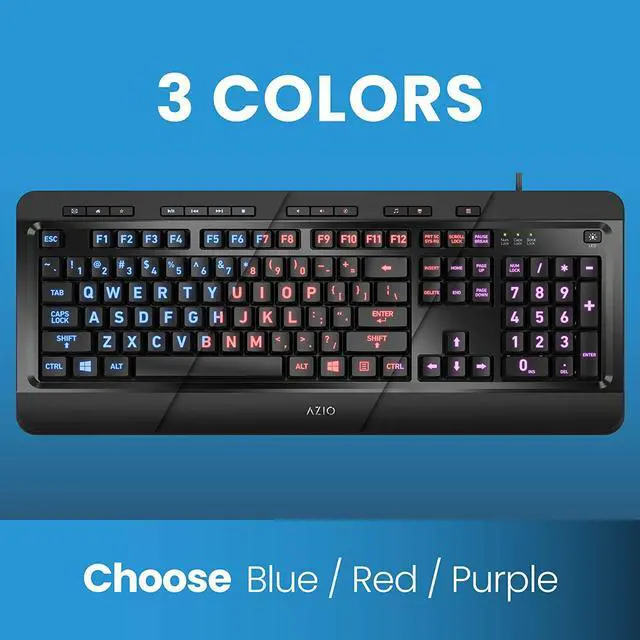 Alt view image 12 of 20 - AZIO KB505U Black USB Wired Standard Large Print 3 Color Backlit Keyboard