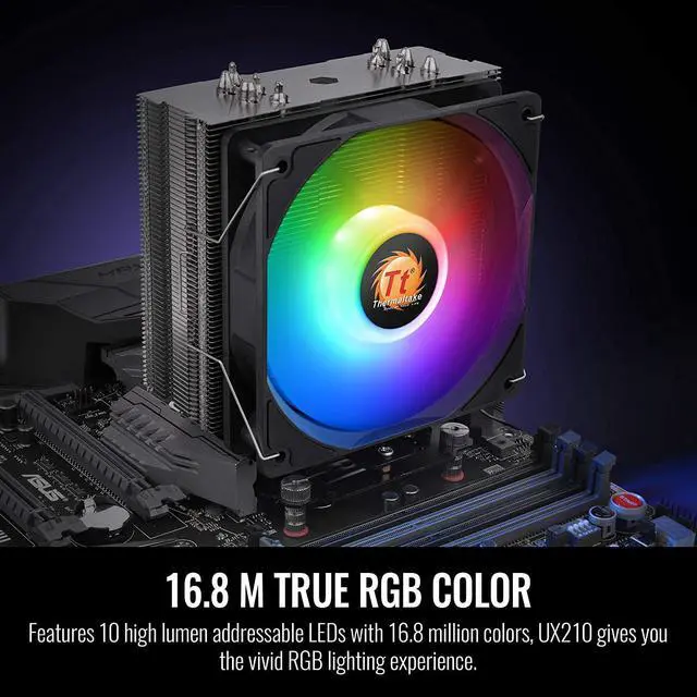 Alt view image 8 of 10 - Thermaltake UX210 5V Motherboard ARGB Sync 16.8 Million Colors 10 Addressable LED Intel/AMD Universal Socket Copper Base U-Shape Heatpipes Hydraulic Bearing 150W CPU Cooler CL-P079-CA12SW-A