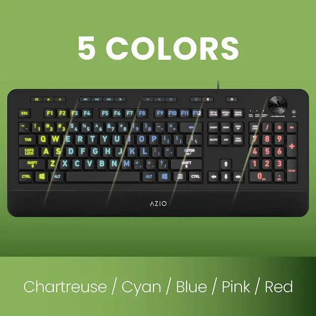 Alt view image 4 of 5 - Azio Vision Backlit USB Keyboard with Large Print keys and 5 Interchangeable Backlight Colors (KB506) - Wired