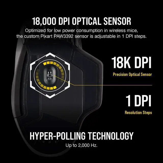 Alt view image 14 of 16 - Corsair Dark Core RGB Pro SE, Wireless FPS/MOBA Gaming Mouse with Slipstream Technology, Black, Backlit RGB LED, 18000 DPI, Optical, Qi Wireless Charging Certified