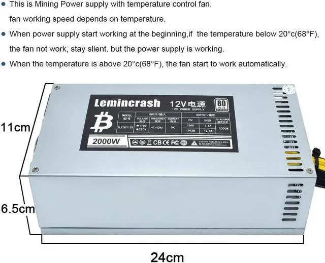 Alt view image 3 of 7 - 2000W PSU Antminer Bitmain 2000w Power Supply 6PIN Antminer T9 ETH PSU antminer S9 S7 L3 BTC LTC Dash Miner Power Supply