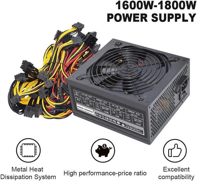 Alt view image 2 of 7 - ATX 1600W Power Supply, 110V-240V PSU Support 6 GPU Mining Rig with US Plug Adapter Cable, Video Card Power Supply with Auto-Thermally Controlled Fan Fits for BTC ETC ETH