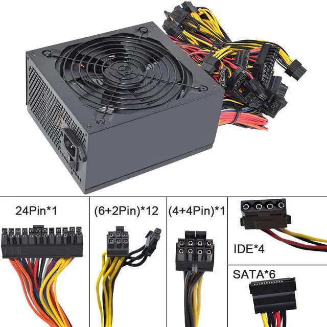 Alt view image 4 of 7 - ATX 1600W Power Supply, 110V-240V PSU Support 6 GPU Mining Rig with US Plug Adapter Cable, Video Card Power Supply with Auto-Thermally Controlled Fan Fits for BTC ETC ETH