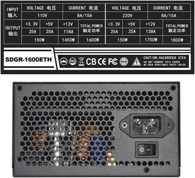 Alt view image 7 of 7 - ATX 1600W Power Supply, 110V-240V PSU Support 6 GPU Mining Rig with US Plug Adapter Cable, Video Card Power Supply with Auto-Thermally Controlled Fan Fits for BTC ETC ETH