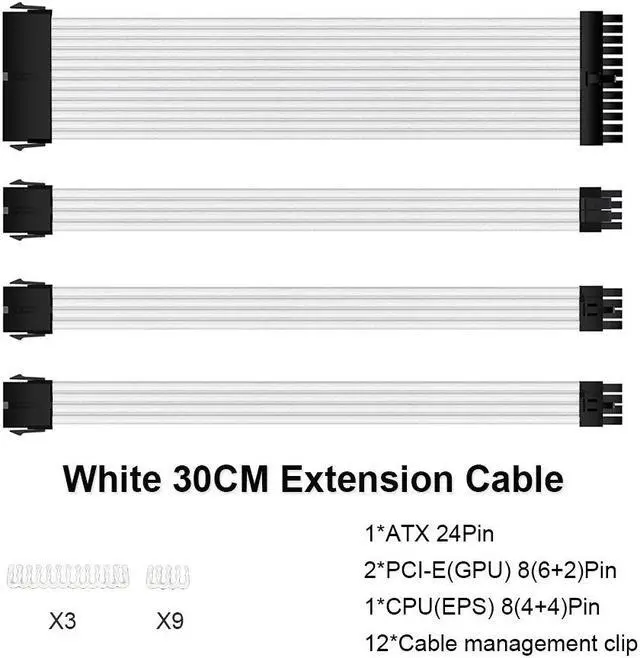 Main image of 4 Piece Kit 300mm ATX 24Pin PCI-E 6+2Pin CPU 4+4Pin PC Case DIY Cable Various White Available PSU Extension Cable