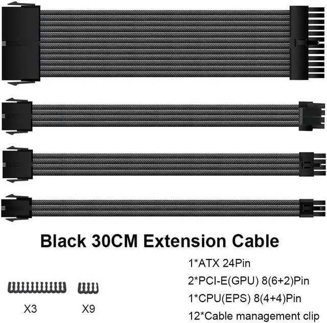 Main image of ATX 24PIN GPU PCI-E Black Module Cables Computer 18AWG PSU Power Supply Extension Cable Kit