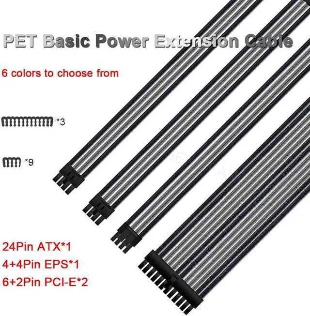 Alt view image 2 of 6 - ATX 24PIN GPU PCI-E Black Module Cables Computer 18AWG PSU Power Supply Extension Cable Kit