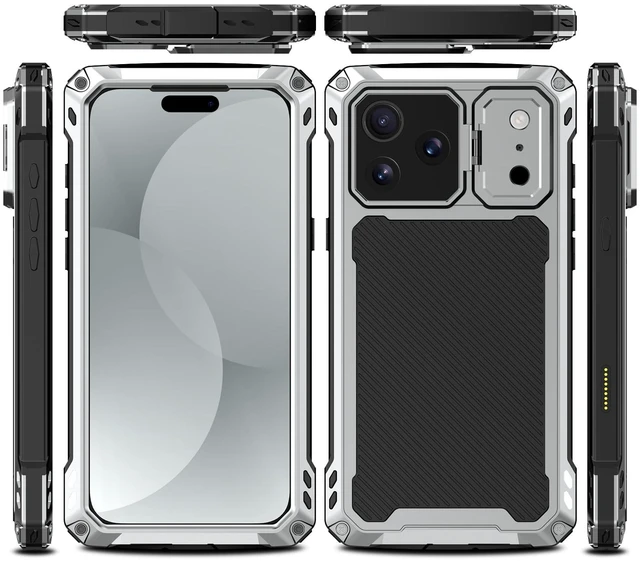 Main image of For iPhone 18 Pro Max Case with 360° Rotating Aluminum Kickstand,Lens Screen Protector Magnetic Shockproof Translucent Cover,Silver