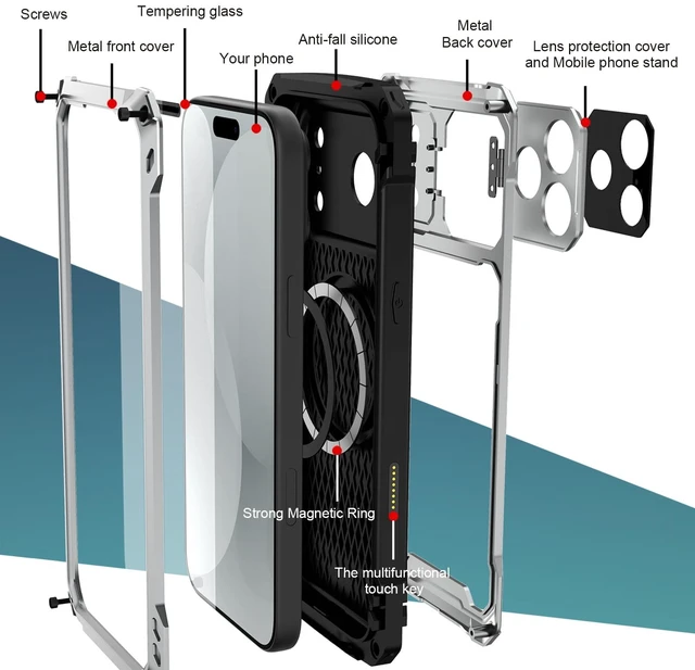 Alt view image 4 of 7 - For iPhone 18 Pro Max Case with 360° Rotating Aluminum Kickstand,Lens Screen Protector Magnetic Shockproof Translucent Cover,Silver