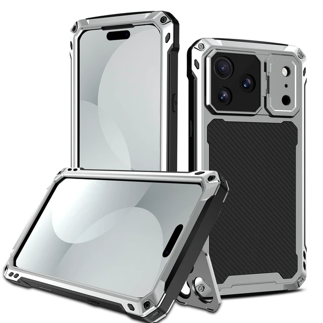 Alt view image 3 of 7 - For iPhone 18 Pro Max Case with 360° Rotating Aluminum Kickstand,Lens Screen Protector Magnetic Shockproof Translucent Cover,Silver
