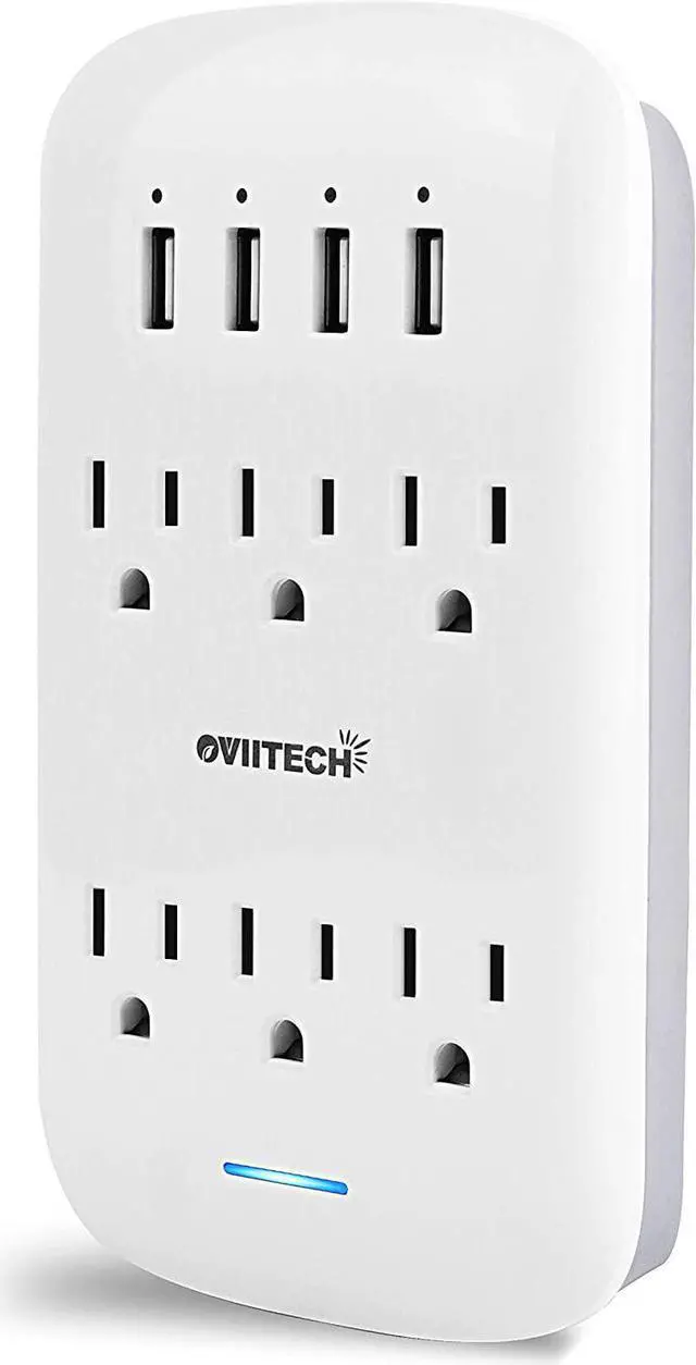 Main image of Oviitech 6 Outlet Extender with 4 USB Charging Ports(4.2A Total),Wall Mount Outlet Plugs 900 Joules Wall Surge Protector And Top Phone Holder,ETL Listed,White.