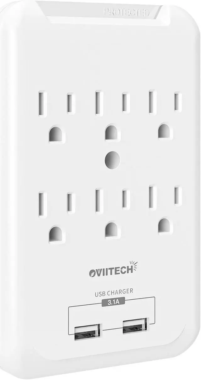 Main image of OviiTech Multi-Function Wall Mount Adapter, Surge Protector Charging Station, Dual 3.1AMP USB Charging Ports,6 AC Socket Outlet Plugs,White
