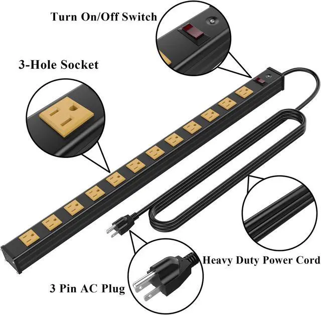 Alt view image 3 of 5 - 12 Outlets Heavy Duty Metal Socket Power Strip,Oviitech 6-Foot Long Extension Cord with Circuit Breaker. Mounting Brackets Included,Workshop/Industrial use, ETL Certified,Yellow